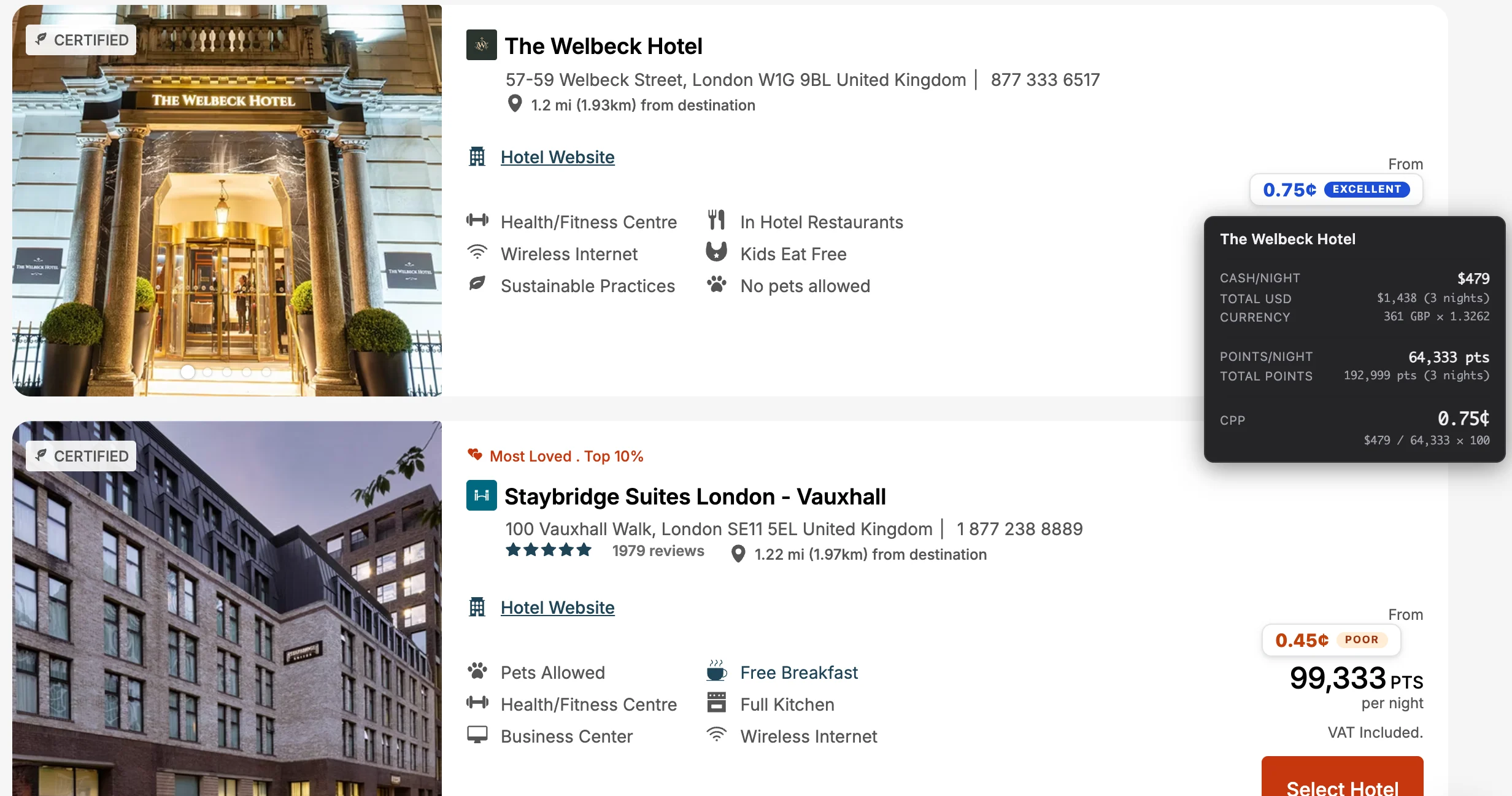 Two London hotels in an IHG search, each with a Pointy badge beside its points price. The Welbeck Hotel: 0.75¢, rated excellent, with its tooltip open showing $479 cash a night, converted from 361 GBP, against 64,333 points, so $479 ÷ 64,333 × 100 = 0.75¢. Staybridge Suites London Vauxhall: 99,333 points a night, 0.45¢, rated poor.